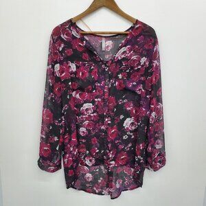 Massini Womens Floral Button Up Sheer Blouse Top Size‎ M Long Sleeve Pockets